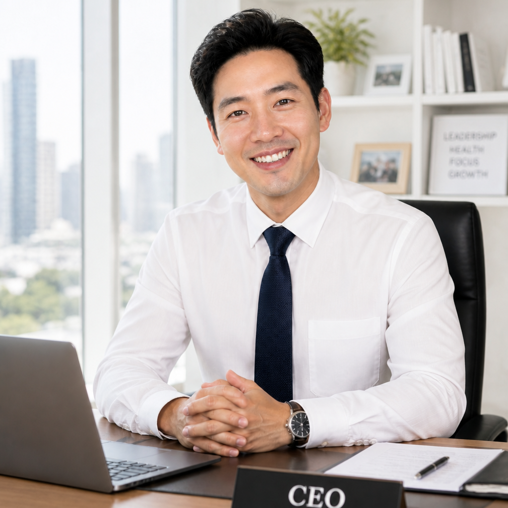 Executive at desk with CEO nameplate Executive at desk with CEO nameplate