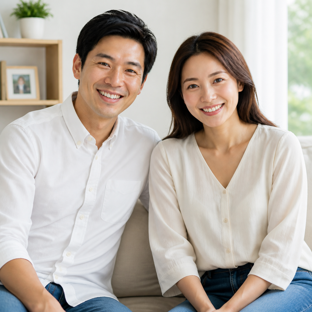 Young couple smiling together on a couch Young couple smiling together on a couch