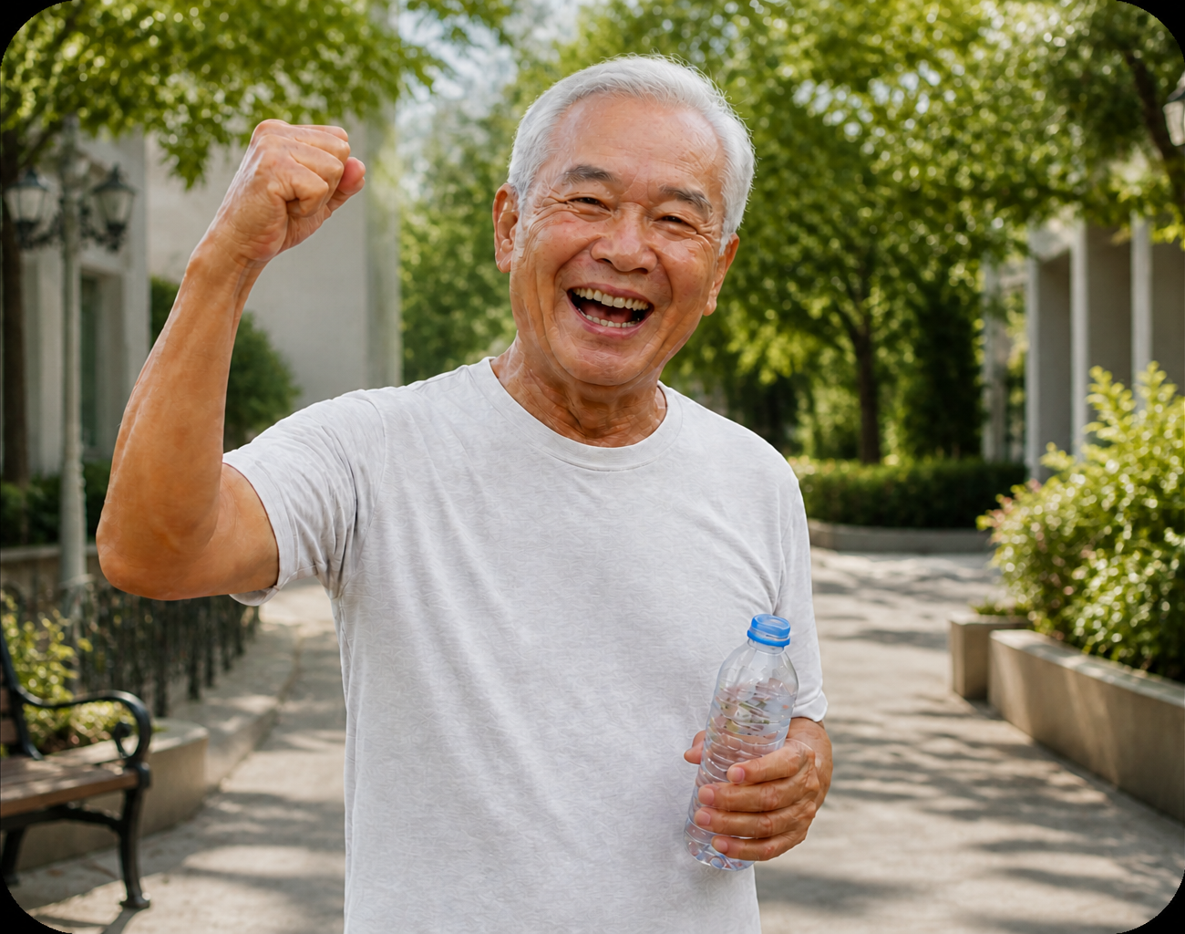 Senior man smiling outdoors with a water bottle Senior man smiling outdoors with a water bottle